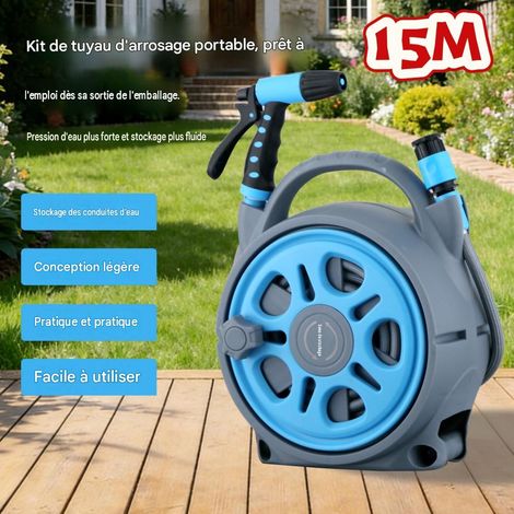 Enrouleur de tuyau d'arrosage portable 15 m, kit complet avec pistolet arroseur 2 modes, tuyau tressé nylon pour jardin terrasse (1/5)