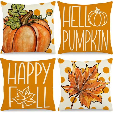 Fundas de cojín de otoño de 45 x 45 cm, con estampado de calabazas y hojas de arce, color naranja, para decoración de interiores y exteriores (juego de 4), ideal (1/4)