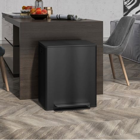 Mülleimer zur Mülltrennung 2 x 25 L aus schwarzem Edelstahl mit Pedal und Deckel (1/5)