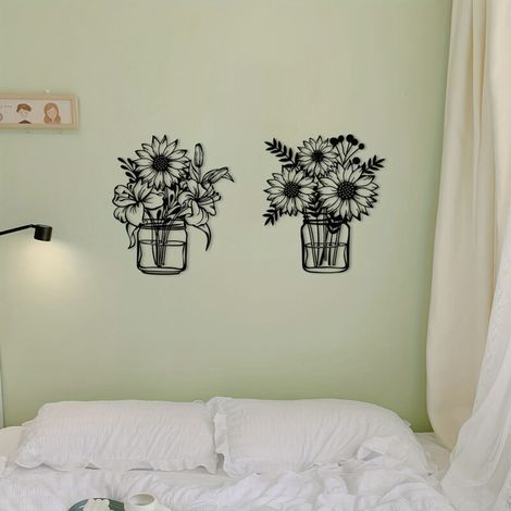 piezas de arte de pared de flores de metal negro, decoración de pared de flores, escultura de pared de girasol, decoración de pared de flores para patio, balcón, baño y hogar (1/3)