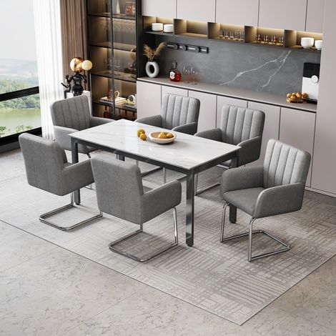 Set di 6 sedie da pranzo con strisce verticali, poltrona imbottita con gambe in metallo a zigzag, sedia lounge, sedia da soggiorno, ecopelle, grigia (vecchio sku:N634P203884G) (1/5)