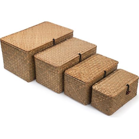 Panier en Osier avec Couvercle, Panier de Rangement en Jonc de Mer, Boîte Décoratif Tissé pour l'organisation des étagères, Naturel (1/5)