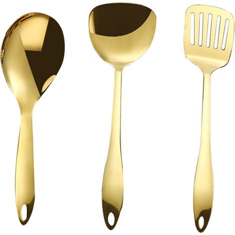 Ensemble de 3 ustensiles de cuisine en acier inoxydable plaqué titane, couleur or : cuillère à riz, spatule et spatule perforée.