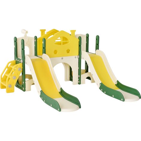 Area giochi 7 in 1, castello con scivolo, struttura da arrampicata, telescopi, scala, PEHD, scivolo per bambini per interni ed esterni - Giallo
