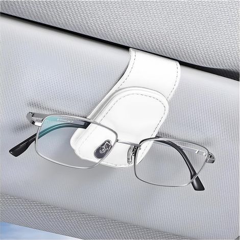 Porte-Lunettes De pour Voiture, Magnétique en Cuir Clip Cintre De Lunettes pour Voiture, Support De Lunettes De Soleil De Visière Voiture Universel avec Pince à Carte (Blanc) (1/5)