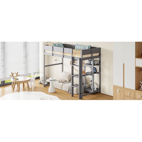 Lit mezzanine avec rangement 90x200 cm, sommier inclus, cadre en pin massif, lit enfant et ado gris, structure bois robuste (1/5)