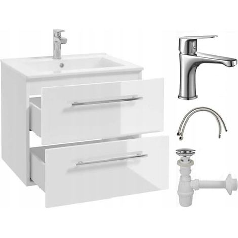 Mueble de baño con lavabo de 60x50 cm, suspendido, color blanco Pinia, con grifo cromado alargado.