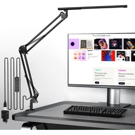 Lampe de bureau LED, lampe de bureau pour la maison, le bureau, protection des yeux, lampe de lumière du jour, 5 températures de couleur et luminosité réglables, Avec adaptateur QC 3.0, 12 W