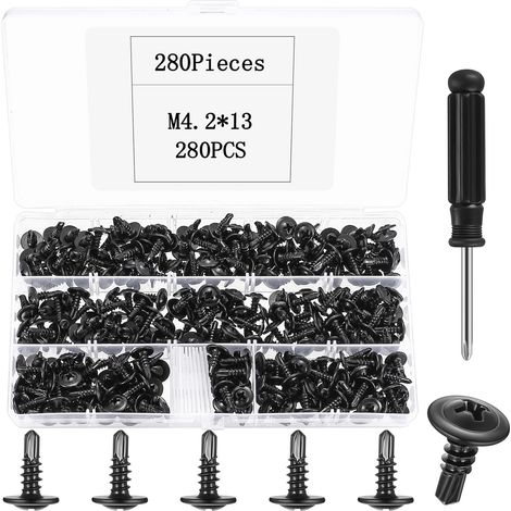 280 Pcs Vis Autotaraudeuses à Tête Plate, M4,2 x 13 mm Vis a Bois, Vis à Tôle à Tête Cylindrique Cruciforme avec Rondelles pour Fixations Métal, Bois, Plastique(Noire) (1/5)