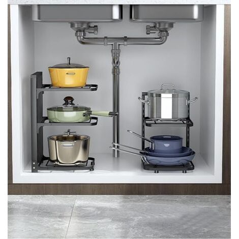Le support de rangement pour casseroles à 2 niveaux sous l'évier peut stocker des casseroles en fer et des plaques à pâtisserie (1/3)