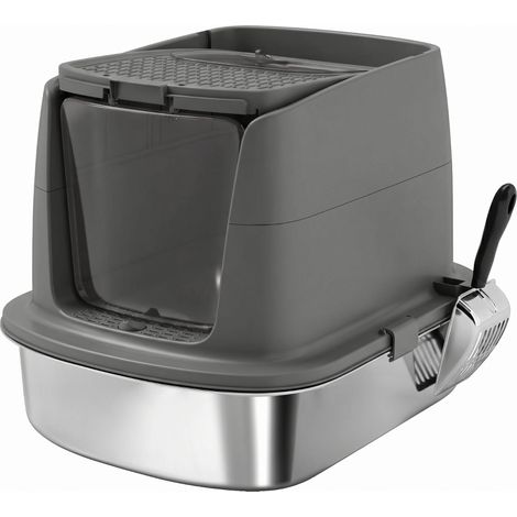 Litière pour chat en acier inoxydable, grande, fermée, avec pelle métallique et sac désodorisant, bac facile à nettoyer, gris foncé pour intérieur  CHICFURN (1/5)