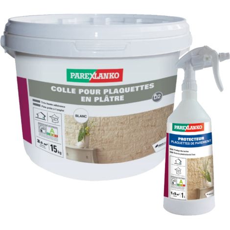 Pack PAREXLANKO - Klebstoff für weiße Gipsplättchen - 15kg - Schutzmittel für Verblendplättchen - 1L