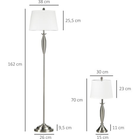 Ensemble de luminaires 3 pièces. 1 lampadaire, 2 lampes de table, aspect lin 38 cm x 38 cm x 158 cm, argent et blanc (1/5)