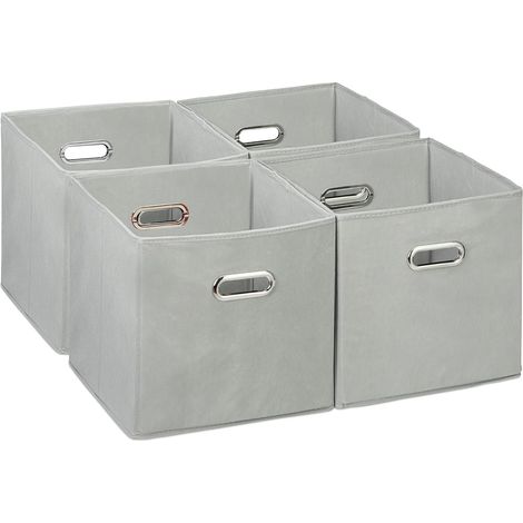 Lot de 4 boîtes de Rangement, caisses Pliables, HxLxP : 30x30x30 cm, poignées, panières pour étagère, Gris
