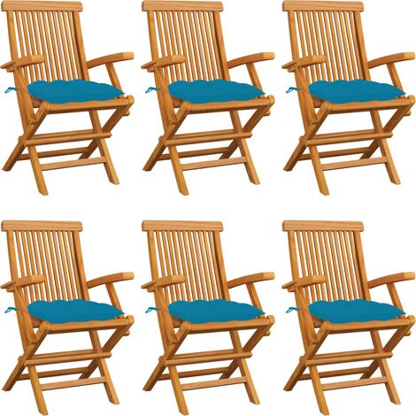 Lot de 6 Chaises de jardin avec coussins bleu clair - Chaise d'extérieur pour terrasse/jardin Teck massif BV300018 - BonneVie (1/5)