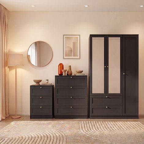 Altino 3 Piece Bedroom Set with 3 Drawer Bedside, 4 Drawer Chest, 3 Door 2 Drawer Wardrobe, Black (1/4)