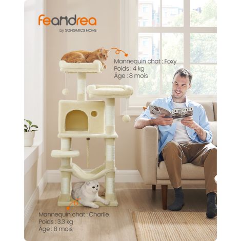 Arbre à Chat Hauteur 111 cm, Tour de Jeux pour Chat, avec 11 Poteaux à Griffer, 2 Plateformes, 1 Niche, 1 Hamac, 2 Pompons, en Tissu Peluche, Plusieurs Niveaux, Beige (1/5)