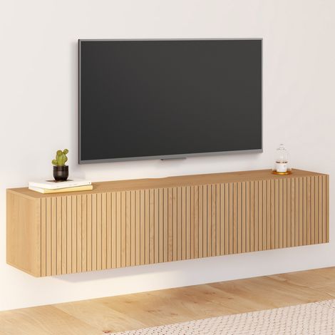 Mueble TV suspendido JULIETTE 140 cm con 2 puertas de lamas de madera color roble (1/5)