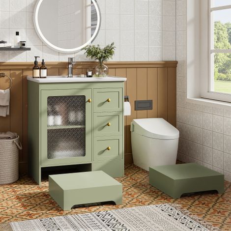 Meuble-lavabo avec pédale dissimulée, équipé d'une vasque en céramique lisse, d'un éclairage LED, de verre dépoli et de poignées dorées, vert