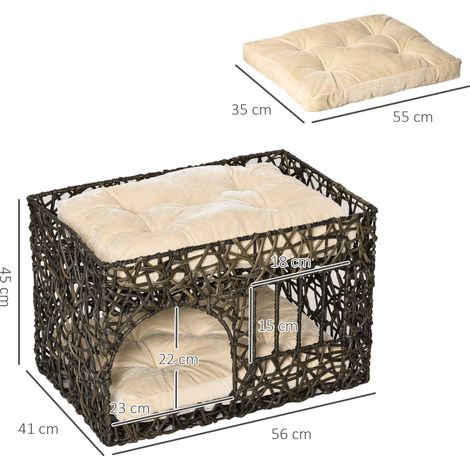 PawHut 2-stöckiges Katzenbett aus Rattan mit 2 weichen Kissen und Fenster, 56 x 41 x 45 cm, Dunkelbraun