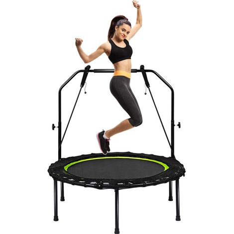 COSTWAY Trampoline Fitness Gymnastique Coussinet Ø102CM avec 2 Bandes Résistance Main Courante Réglable 110-130CM Charge 120KG Vert (1/5)