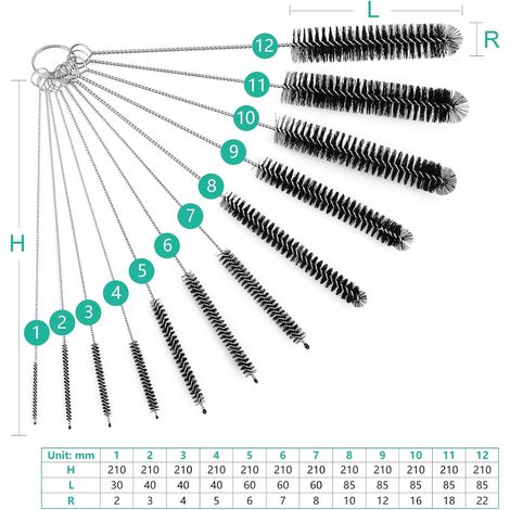 Spazzole per la pulizia, set di 12 spazzole per cannucce, spazzola per bottiglie in nylon lunga 21 cm, spazzola per radiatori, spazzola per la pulizia delle cannucce, piccola spazzola per la pulizia n (1/4)