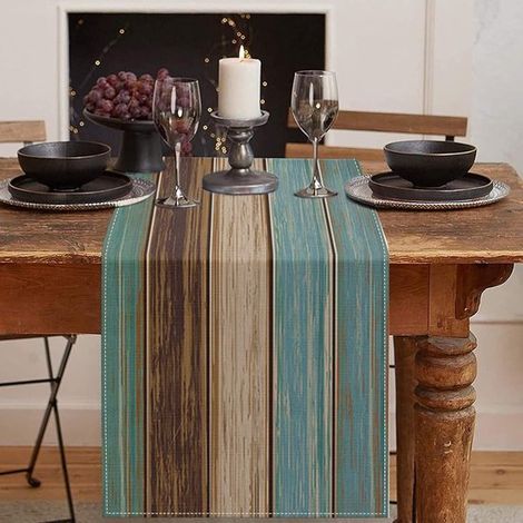 Chemin de table en coton et lin, style rétro champêtre, antidérapant, motif bois, bleu-vert et marron, 33 x 183 cm (1/5)