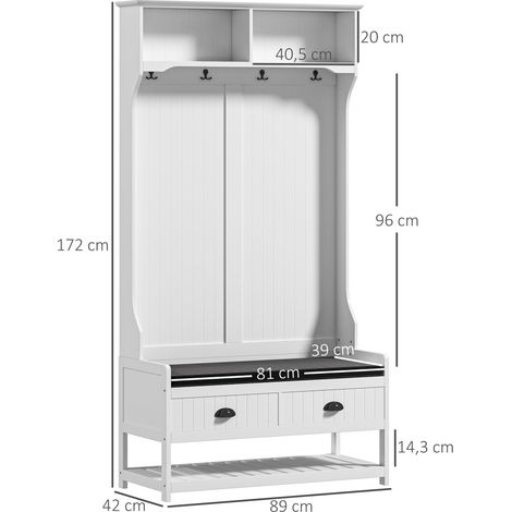 Garderobenständer mit Haken, Garderobe mit Schuhbank, für Eingangsbereich, Flur, Metall, MDF, Weiß+Grau (1/5)