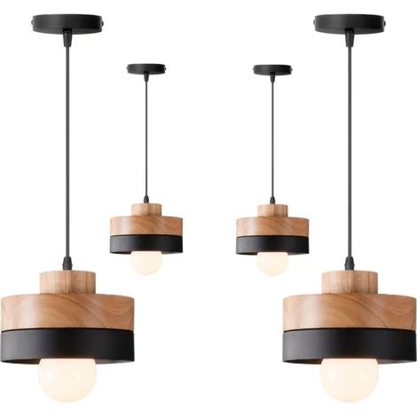 4x Moderne Suspension Luminaire Industriel,Vintage Lustre Abat-jour en Bois Design Colonne E27 Lampe de Plafond Style Nordique (1/5)