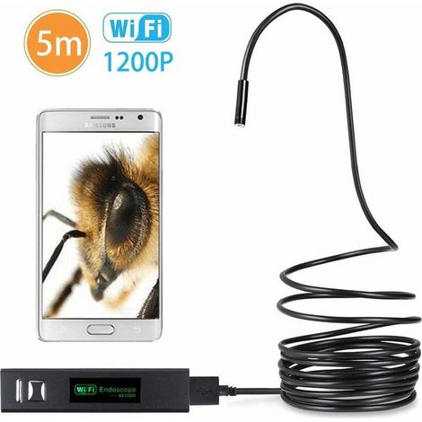 Cámara de inspección inalámbrica tipo serpiente de 1200P con WiFi, endoscopio HD con boroscopio de cable rígido de 8 LED (5 metros)