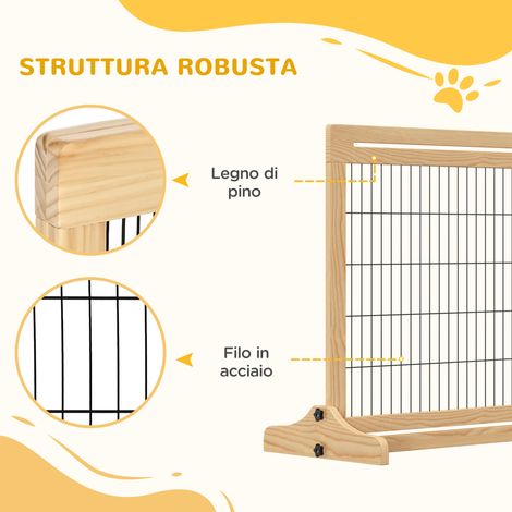 Barrière extensible pour chien d'intérieur en pin et acier, 104-180 x 36 x 69 cm, couleur bois (1/5)