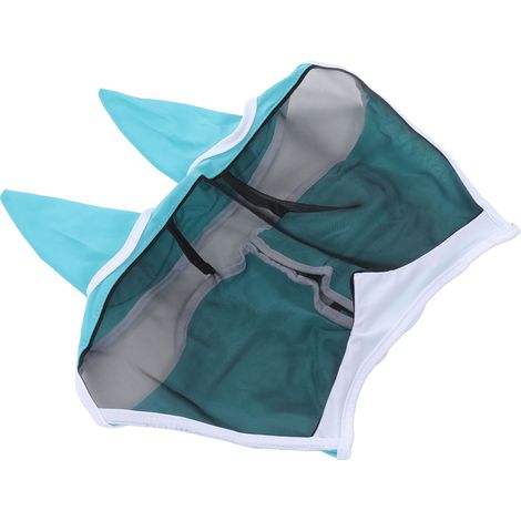 Masque anti-mouches pour chevaux, respirant, confortable, doux, en maille fine, avec oreilles, bleu (1/5)