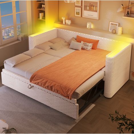 Tagesbett Samt Beige 90x200 cm, ausziehbar zum Doppelbett 180x200 cm, mit LED-Beleuchtung (1/5)