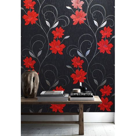 Flower Wallpaper Floral Textured Glitter Effect Metallic Silver Black Grey Red (1/3)