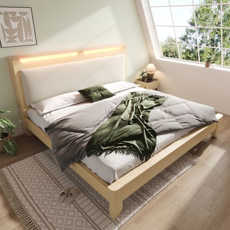 Lit Double en Bois 160x200 cm Lit Rembourré avec Éclairage LED, Tête de Lit Rangement, Dossier Velours Côtelé Beige - Chêne Clair