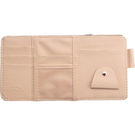 Organiseur de pare-soleil en cuir pour voiture, petite poche de rangement pour documents, cartes, CD, stylo, lunettes de soleil, multiples poches zippées et en filet (beige) (1/5)