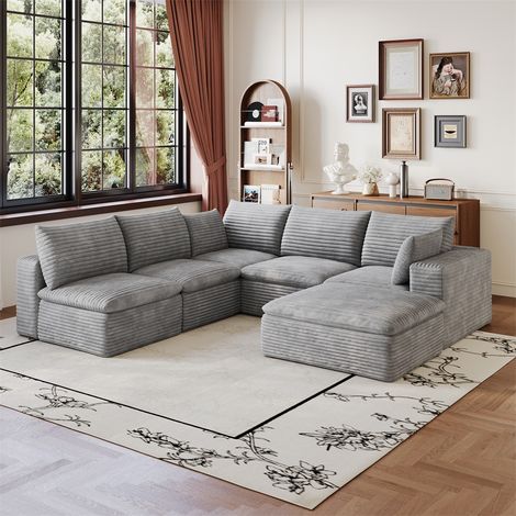 Canapé Modulaire Cloud - 260x250cm - Tissu Velours Côtelé Design Double Couche Coussin Amovible Sans Montage - Gris Foncéc (1/5)