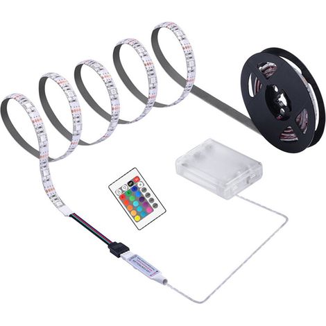 Ruban LED RGB - 5050 - Étanche IP65 - Alimentation par Boîtier Piles - Tension DC 5 V - Auto-adhésif - Pour Décoration TV et Intérieur - Longueur 100 cm ou 300 cm (1/5)
