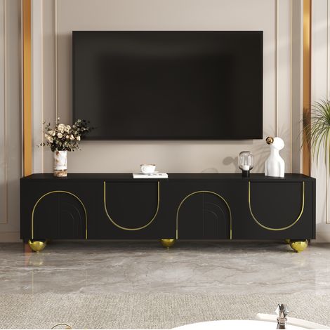 Meuble TV 170 x 38 x 44 cm en panneau de particules, noir et doré, portes push-to-open DESVIAE (1/5)