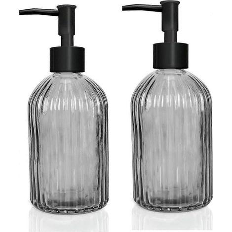 Lot de 2 distributeurs de savon en verre, flacon pompe de 400 ml, distributeur de savon pour les mains rechargeable pour salle de bain et buanderie. (1/5)