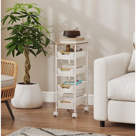 Carro de cocina estrecho de 5 niveles con 4 cajones, efecto madera, metal, blanco (1/5)