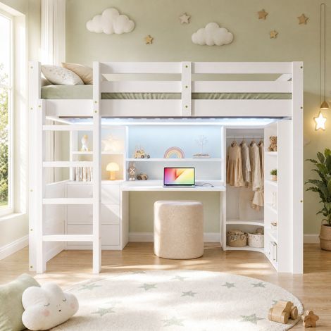 Cama alta 140x200 cm, con LED, armario, escritorio, cajones y espacios de almacenaje, madera de pino, blanco (1/5)