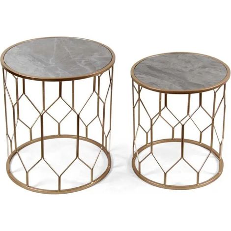 Set aus 2 runden Tischchen in Metall mit eleganter Marmor-Optik Ø47 x 53 cm und Ø41 x 46 cm