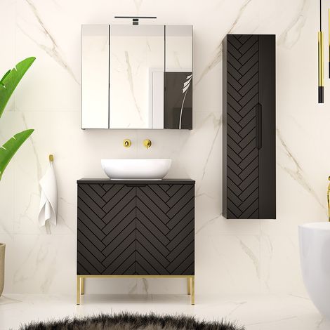 Badezimmer Set 3-teilig in schwarz matt mit gefrästen Fronten ANGERA-140 (1/5)