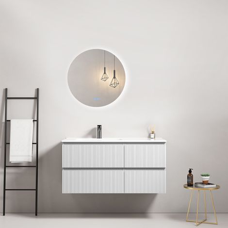 Mobile bagno sospeso cannettato 100 cm Bianco Lavabo a Sinistra in Ceramica Specchio Tondo Retroilluminato - Fiji Paint