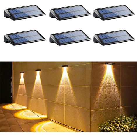 Paquet de 6 lampes solaires de terrasse à LED pour l'extérieur, étanches IP65, appliques murales solaires d'extérieur lumière chaude (1/5)