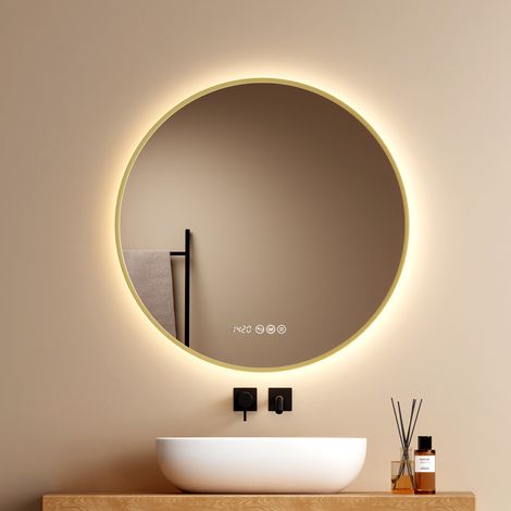EMKE Badspiegel mit Beleuchtung Ø70 cm Gold, Badezimmerspiegel, Anti-Beschlag-Funktion, Uhr- und Temperaturanzeige, Touch-Steuerung (1/5)
