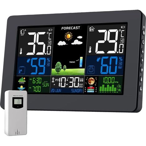 Station Météo Avec Capteur Extérieur, DCF Écran LCD Sans Fil Coloré Météorologique Numérique Baromètre Phase de Lune Alarme Réveil Météo Prévision Rétroéclairage Réglable (1/5)