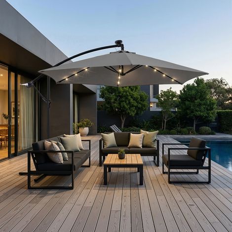 WOLTU Sonnenschirm  300 cm, Terrassenschirm mit Solar-LED-Beleuchtung, Gartensonnenschirm 360° drehbar, Sonnenschutz UPF 50+, mit Windschutzseilen Schutzhülle, für Balkon Garten Terrasse Dunkelgrau