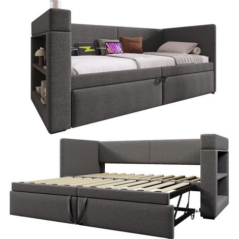 Lit banquette 90x200 cm en lin gris avec lit gigogne, accoudoirs avec ports USB & Type-C et porte-gobelet (Sans matelas)